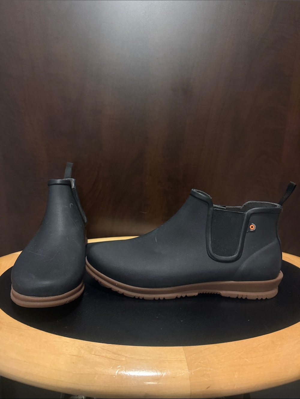 Bogs Women's Black Chelsea Rain Boots with Brown Sole